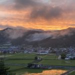 初夏の南信州新野高原 桑の実、シロツメクサ、きれいな夕焼け